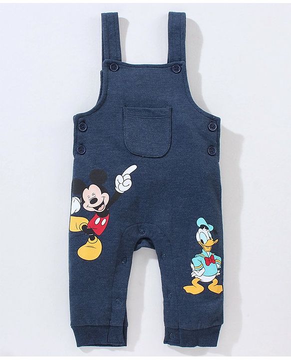 Babyhug Cotton Full Sleeves Striped Tee & Dungaree Set Mickey & Friends Print- Blue