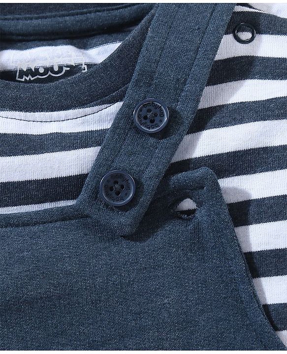 Babyhug Cotton Full Sleeves Striped Tee & Dungaree Set Mickey & Friends Print- Blue