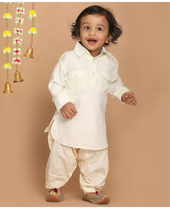 Buy VASTRAMAY SISHU Full Sleeves Pathani Kurta With Dhoti Cream