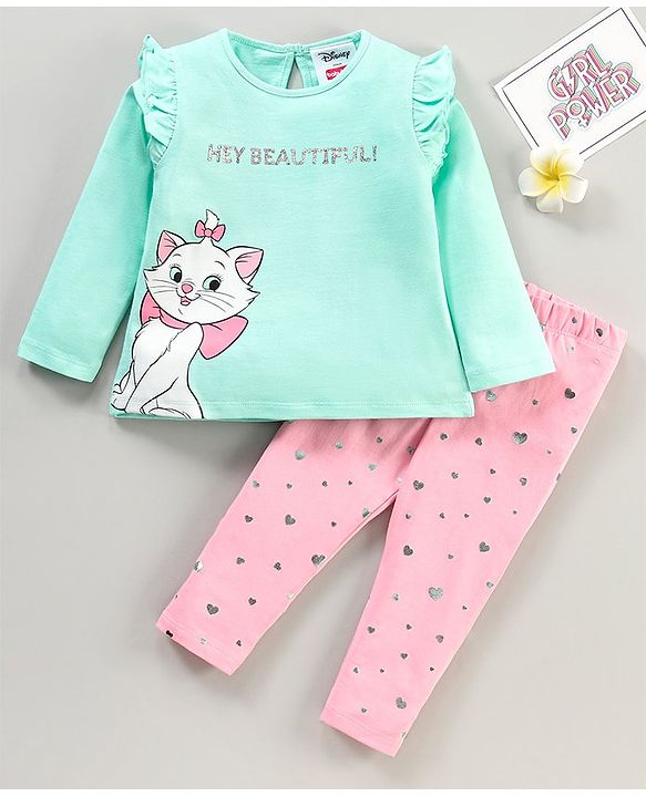 Babyhug Cotton Full Sleeves Top & Leggings Set Kitty & Glitter Print- Mint Pink