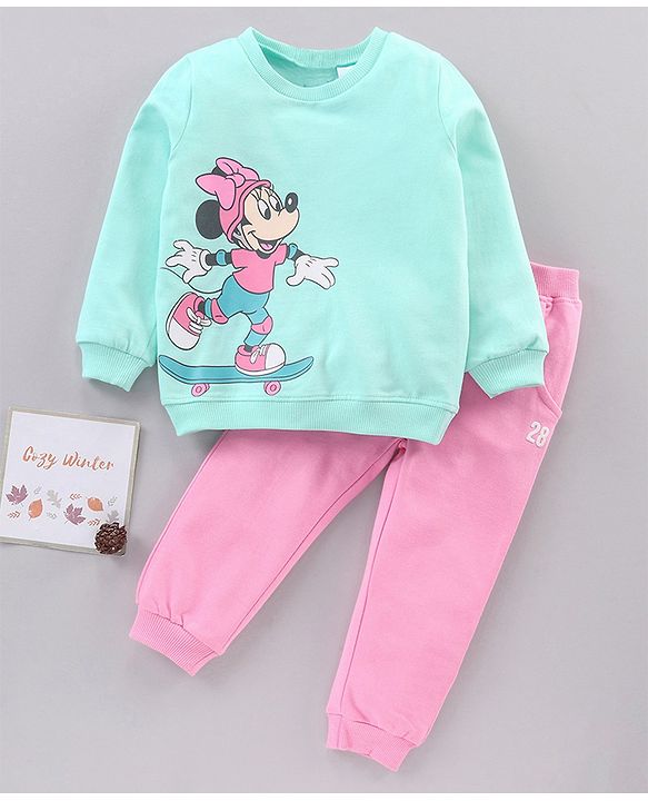 Babyhug Cotton Full Sleeves Minnie Mouse Printed SweatShirt & Solid Joggers - Blue Pink
