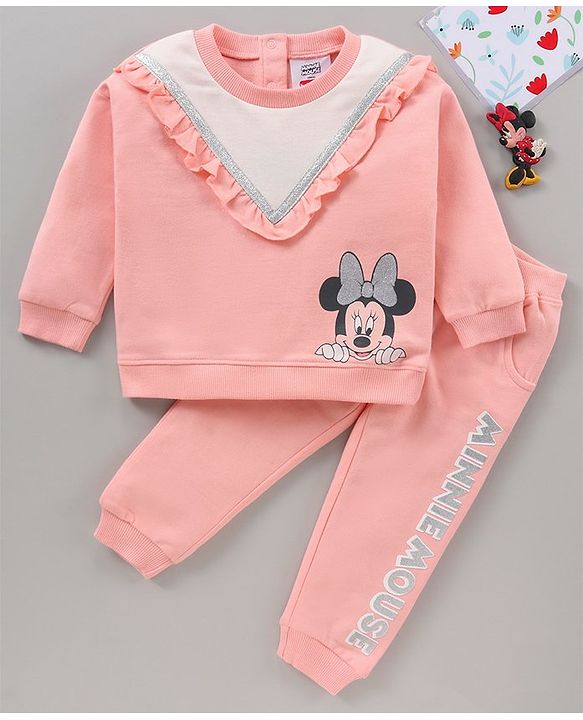 Babyhug 100% Cotton Full Sleeves Top With Frill Detailing & Lounge Pant Glitter Minnie Mouse Print- Pink White