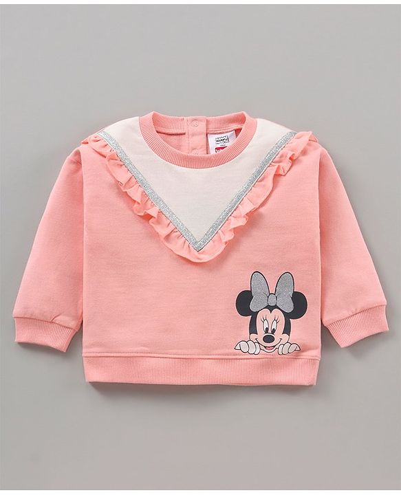 Babyhug 100% Cotton Full Sleeves Top With Frill Detailing & Lounge Pant Glitter Minnie Mouse Print- Pink White