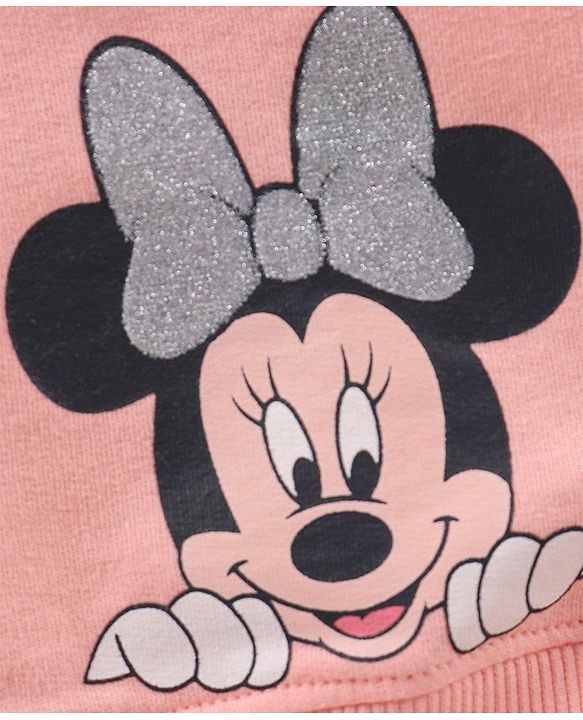 Babyhug 100% Cotton Full Sleeves Top With Frill Detailing & Lounge Pant Glitter Minnie Mouse Print- Pink White