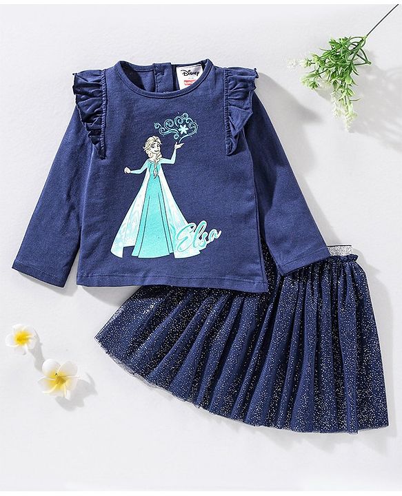 Babyhug 100% Cotton Full Sleeves Princess Elsa Top & Glitter Embellished Skirt Set - Navy