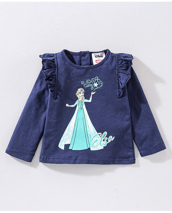 Babyhug 100% Cotton Full Sleeves Princess Elsa Top & Glitter Embellished Skirt Set - Navy