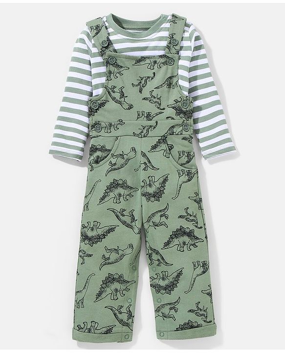 Babyhug 100% Cotton Dungaree With Full Sleeves Inner T-Shirt Dino Print & Striped - Green