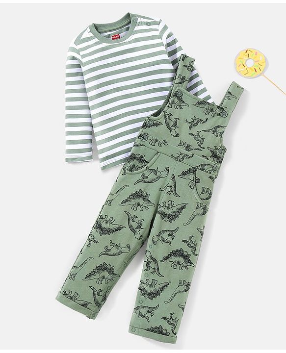 Babyhug 100% Cotton Dungaree With Full Sleeves Inner T-Shirt Dino Print & Striped - Green