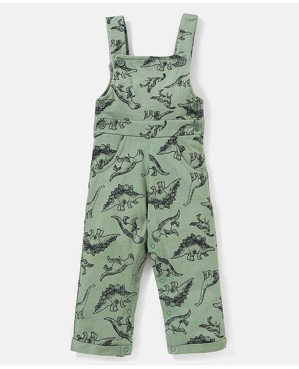 Babyhug 100% Cotton Dungaree With Full Sleeves Inner T-Shirt Dino Print & Striped - Green