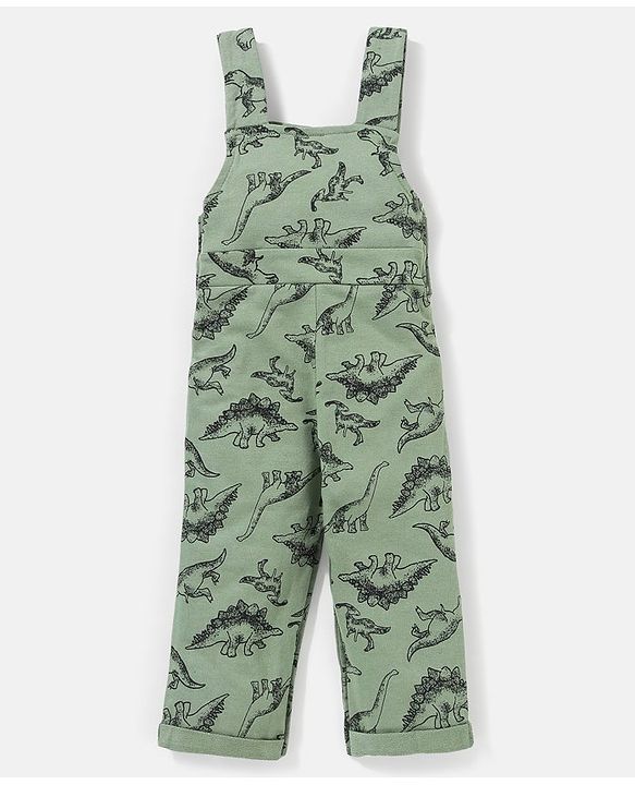 Babyhug 100% Cotton Dungaree With Full Sleeves Inner T-Shirt Dino Print & Striped - Green
