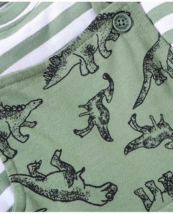Babyhug 100% Cotton Dungaree With Full Sleeves Inner T-Shirt Dino Print & Striped - Green