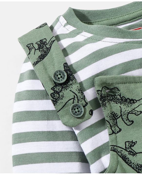 Babyhug 100% Cotton Dungaree With Full Sleeves Inner T-Shirt Dino Print & Striped - Green