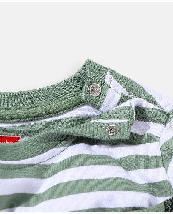 Babyhug 100% Cotton Dungaree With Full Sleeves Inner T-Shirt Dino Print & Striped - Green