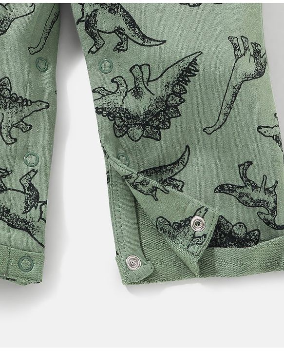 Babyhug 100% Cotton Dungaree With Full Sleeves Inner T-Shirt Dino Print & Striped - Green