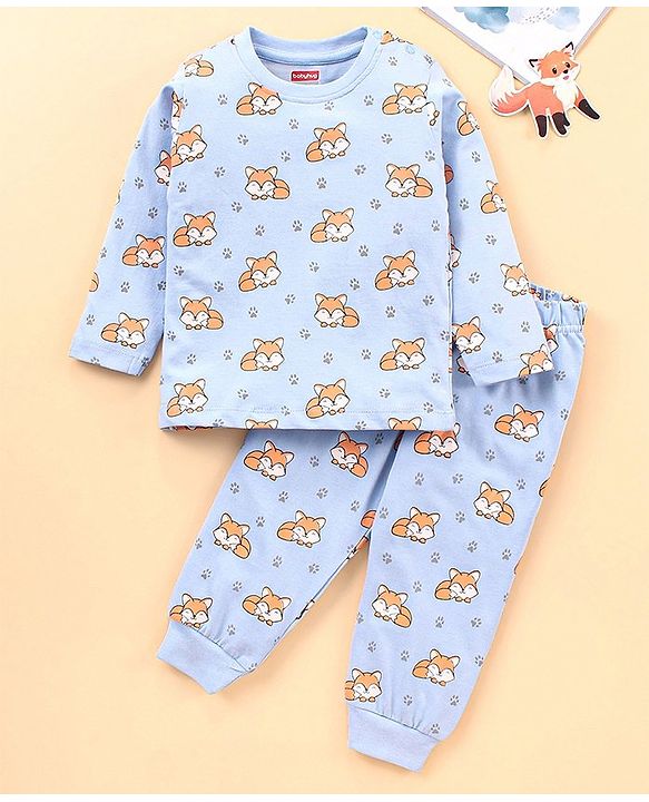 Babyhug Cotton Knit Full Sleeves Night Suit  Fox Print - Blue