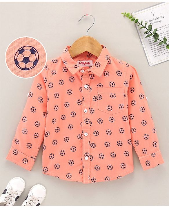 Babyhug Full Sleeves Oxford Shirt With Football Print - Orange