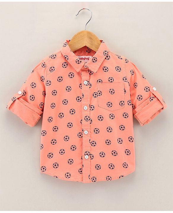 Babyhug Full Sleeves Oxford Shirt With Football Print - Orange