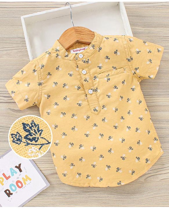 Babyhug Boys Half Sleeves Oxford Kurta Floral Print Shirt - Yellow