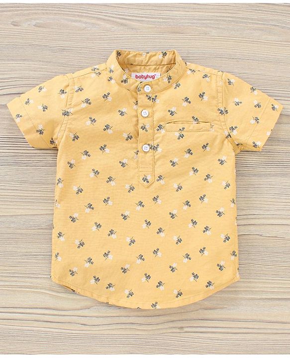 Babyhug Boys Half Sleeves Oxford Kurta Floral Print Shirt - Yellow