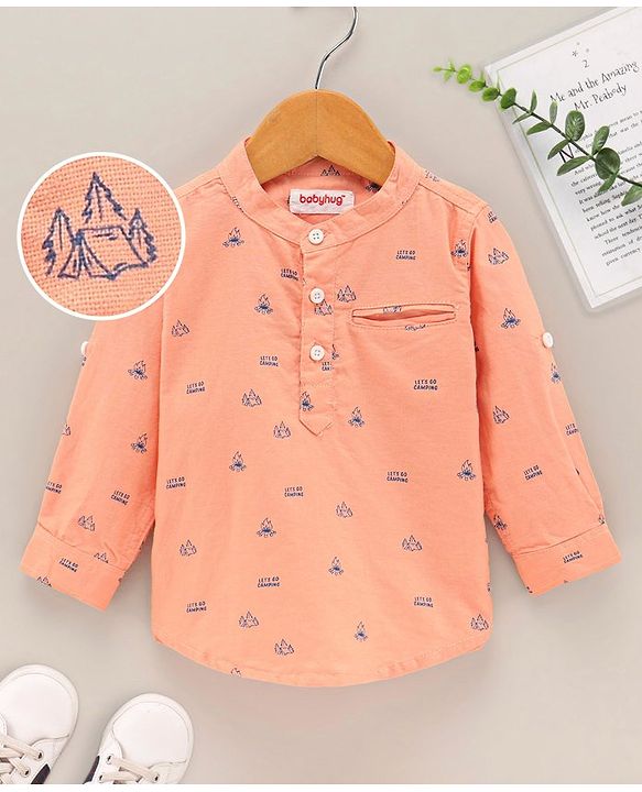 Babyhug 100% Cotton Full Sleeves Kurta Shirt Camp Fire Print - Orange