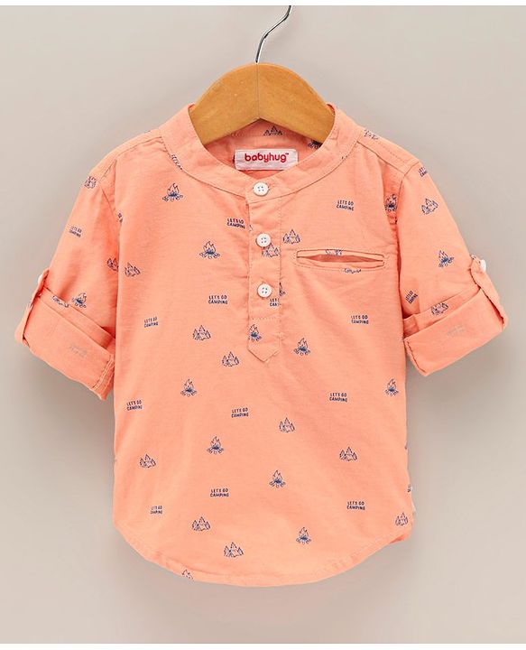 Babyhug 100% Cotton Full Sleeves Kurta Shirt Camp Fire Print - Orange