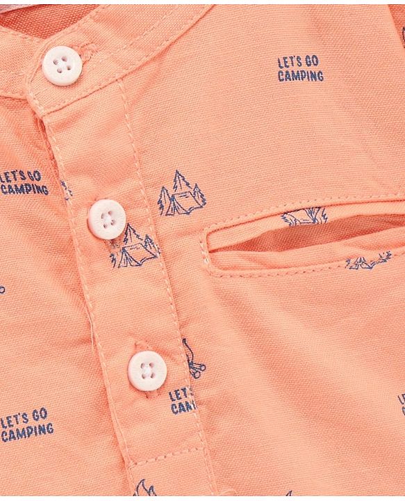 Babyhug 100% Cotton Full Sleeves Kurta Shirt Camp Fire Print - Orange