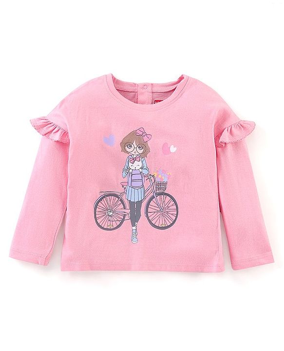 Babyhug Full Sleeves Tee with Graphics & Frill Detailing - Pink