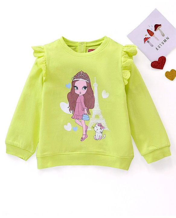 Babyhug Full Sleeves Tee with Graphics And Frill Detailing - Lime