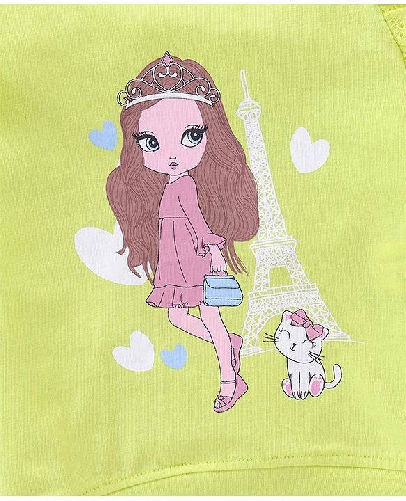 Babyhug Full Sleeves Tee with Graphics And Frill Detailing - Lime