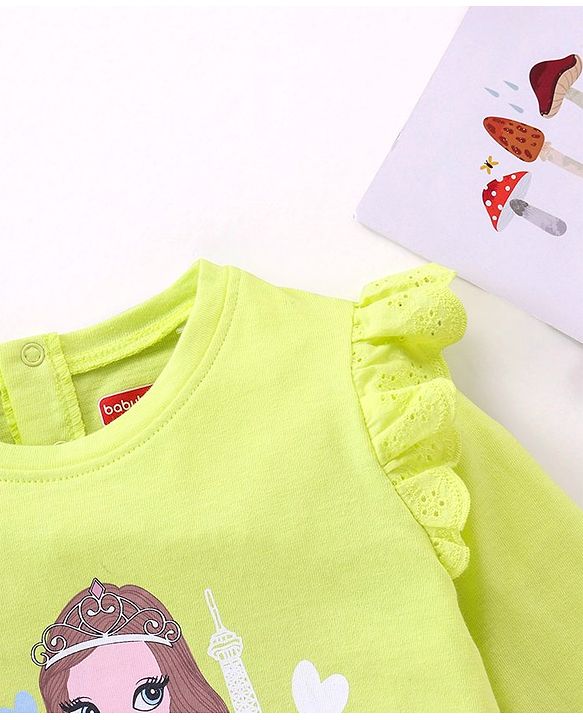 Babyhug Full Sleeves Tee with Graphics And Frill Detailing - Lime