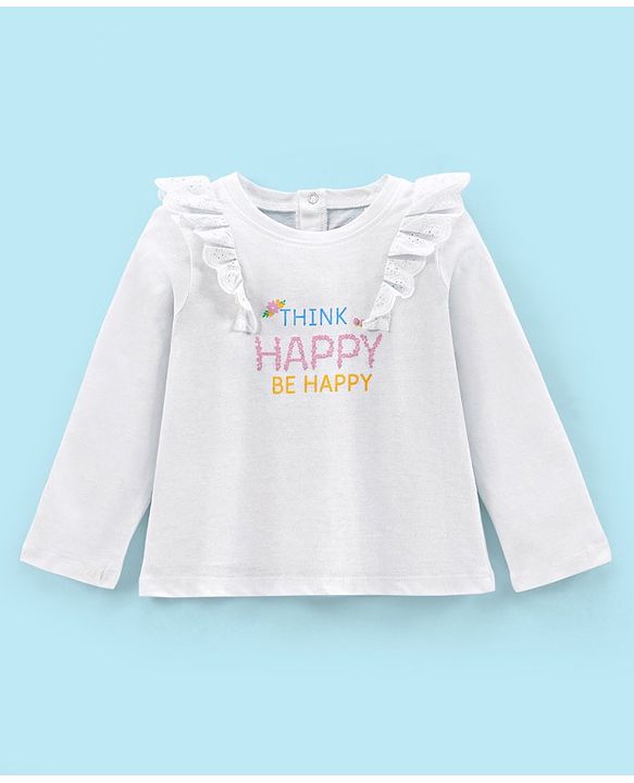 Babyhug 100% Cotton Knit Full Sleeves T-Shirt with Glitter Text Graphics & Frill Detailing - White