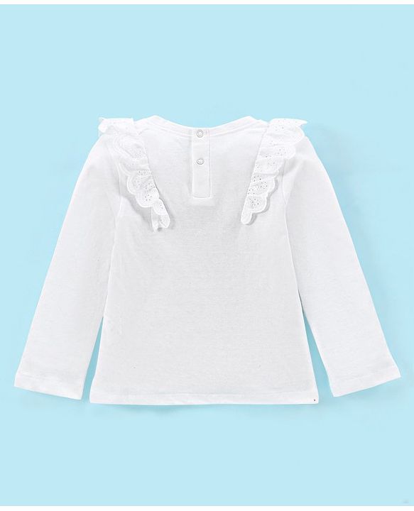 Babyhug 100% Cotton Knit Full Sleeves T-Shirt with Glitter Text Graphics & Frill Detailing - White