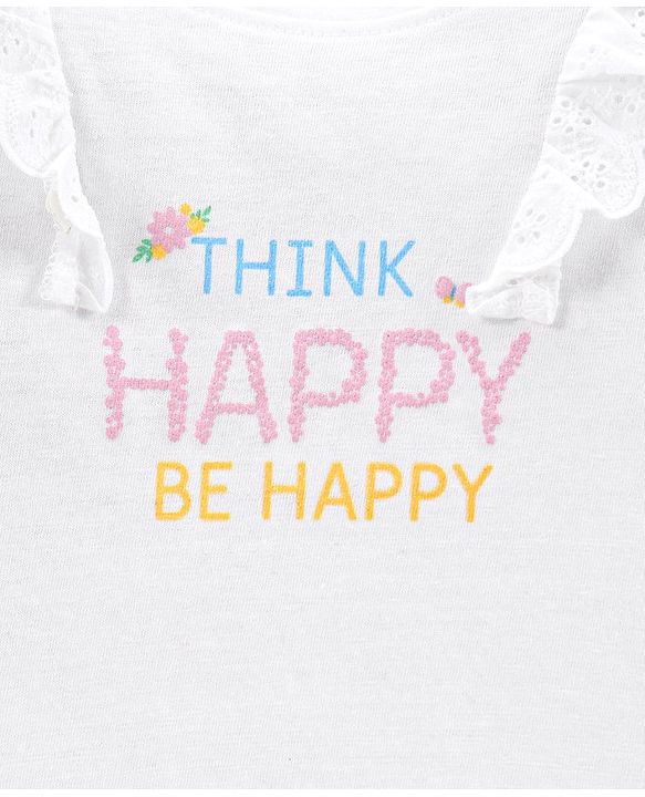 Babyhug 100% Cotton Knit Full Sleeves T-Shirt with Glitter Text Graphics & Frill Detailing - White