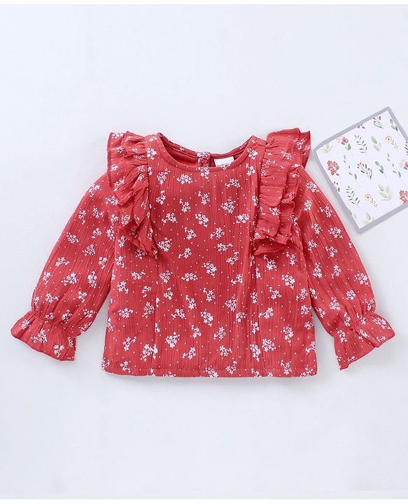 Babyhug Full Sleeves Printed Rayon Crinkle-Crepe Top With Ruffle Detailing- Red