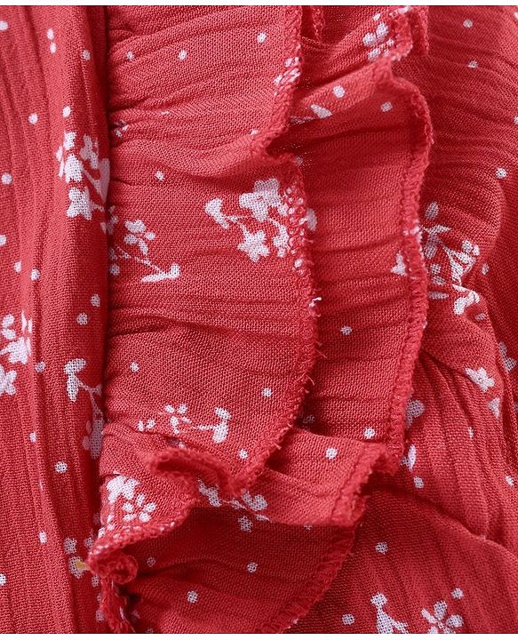 Babyhug Full Sleeves Printed Rayon Crinkle-Crepe Top With Ruffle Detailing- Red