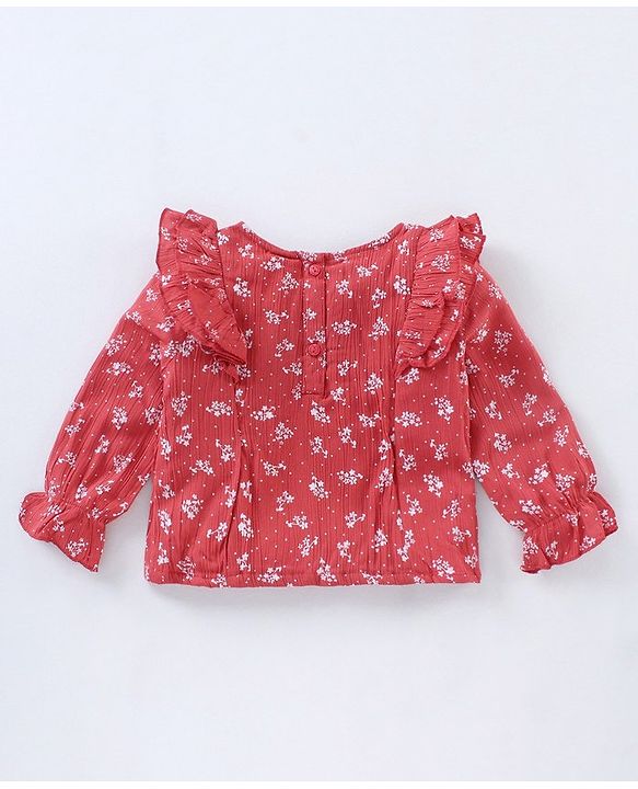 Babyhug Full Sleeves Printed Rayon Crinkle-Crepe Top With Ruffle Detailing- Red