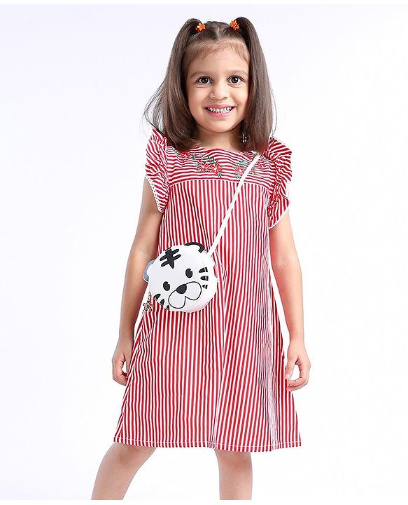 Babyhug 100% Cotton Printed Stripe Poplin Dress With Yoke Embroidery - Red