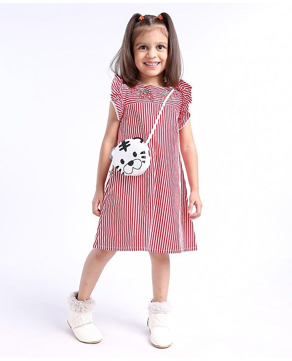Babyhug 100% Cotton Printed Stripe Poplin Dress With Yoke Embroidery - Red