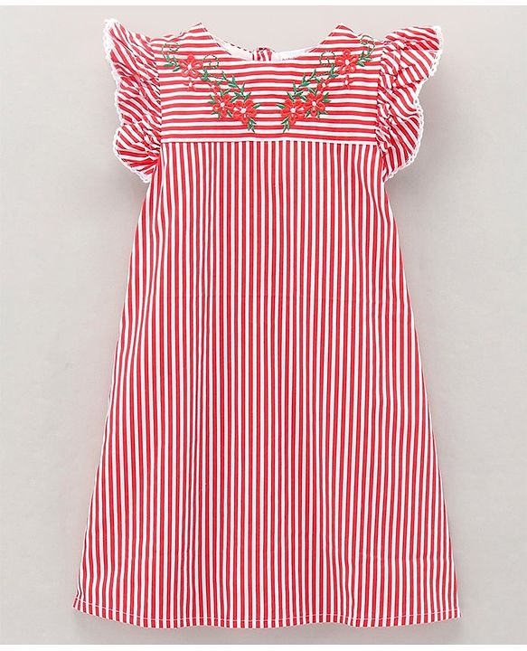 Babyhug 100% Cotton Printed Stripe Poplin Dress With Yoke Embroidery - Red