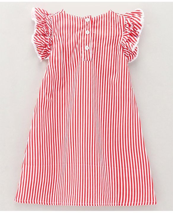 Babyhug 100% Cotton Printed Stripe Poplin Dress With Yoke Embroidery - Red