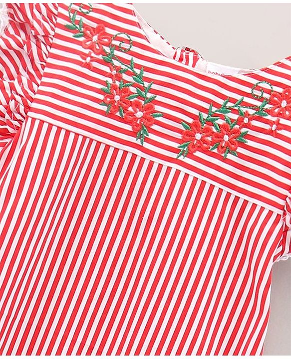 Babyhug 100% Cotton Printed Stripe Poplin Dress With Yoke Embroidery - Red