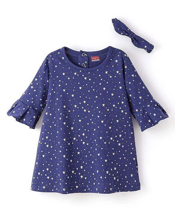Babyhug 100% Cotton Full Sleeves Frocks With Headband Star Print - Blue