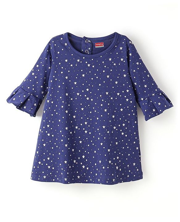 Babyhug 100% Cotton Full Sleeves Frocks With Headband Star Print - Blue