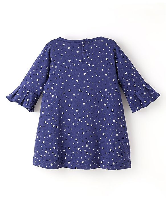 Babyhug 100% Cotton Full Sleeves Frocks With Headband Star Print - Blue