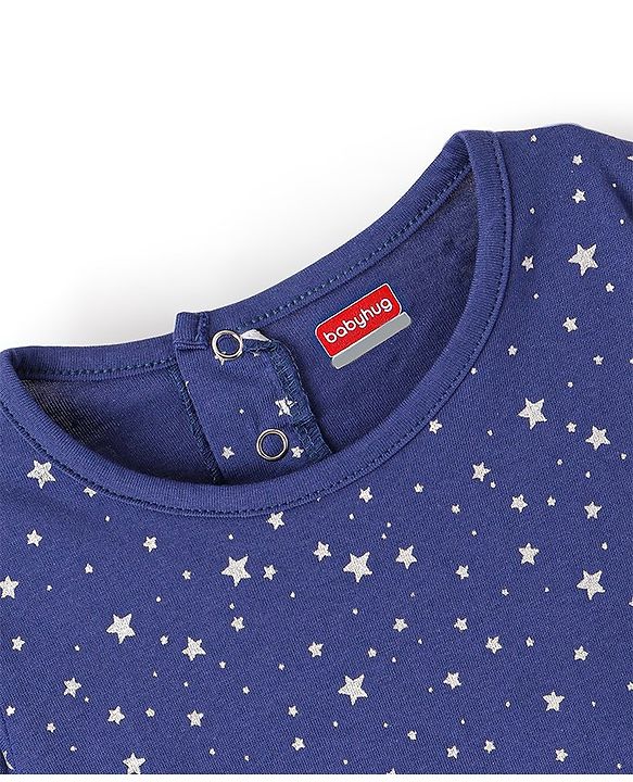 Babyhug 100% Cotton Full Sleeves Frocks With Headband Star Print - Blue