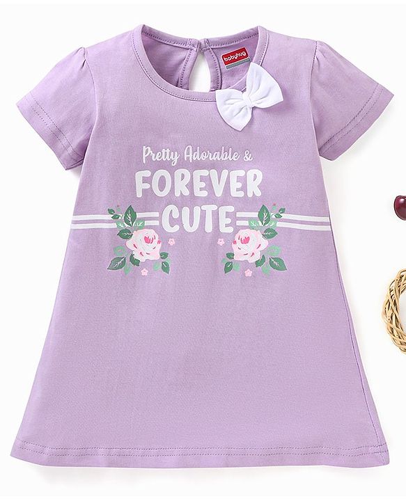 Babyhug 100% Cotton Knit Half Sleeves Text & Floral Printed Frock - Lilac