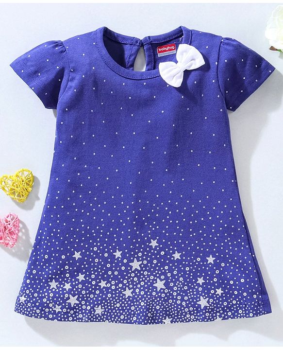 Babyhug 100% Cotton Short Sleeves Frock Stars Print - Navy Blue