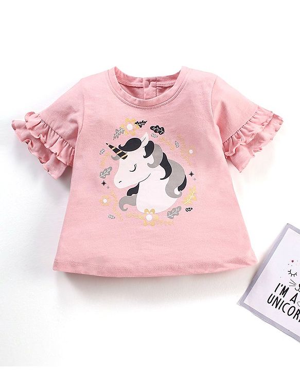 Babyhug Cotton Knit Half Sleeves Unicorn Print Tee with Frill & Glitter Detailing - Pink
