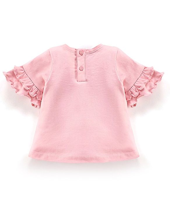 Babyhug Cotton Knit Half Sleeves Unicorn Print Tee with Frill & Glitter Detailing - Pink