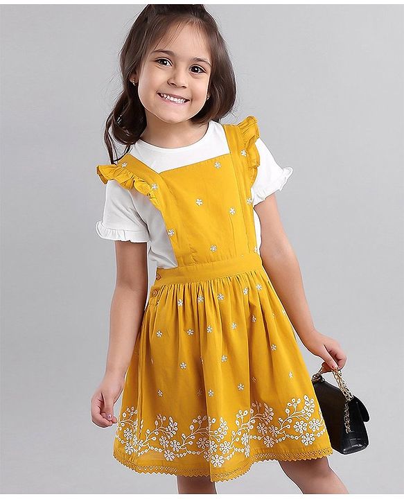 Babyhug 100% Cotton Schiffli Frock with Half Sleeves Inner Tee Flowers Embroided - Yellow